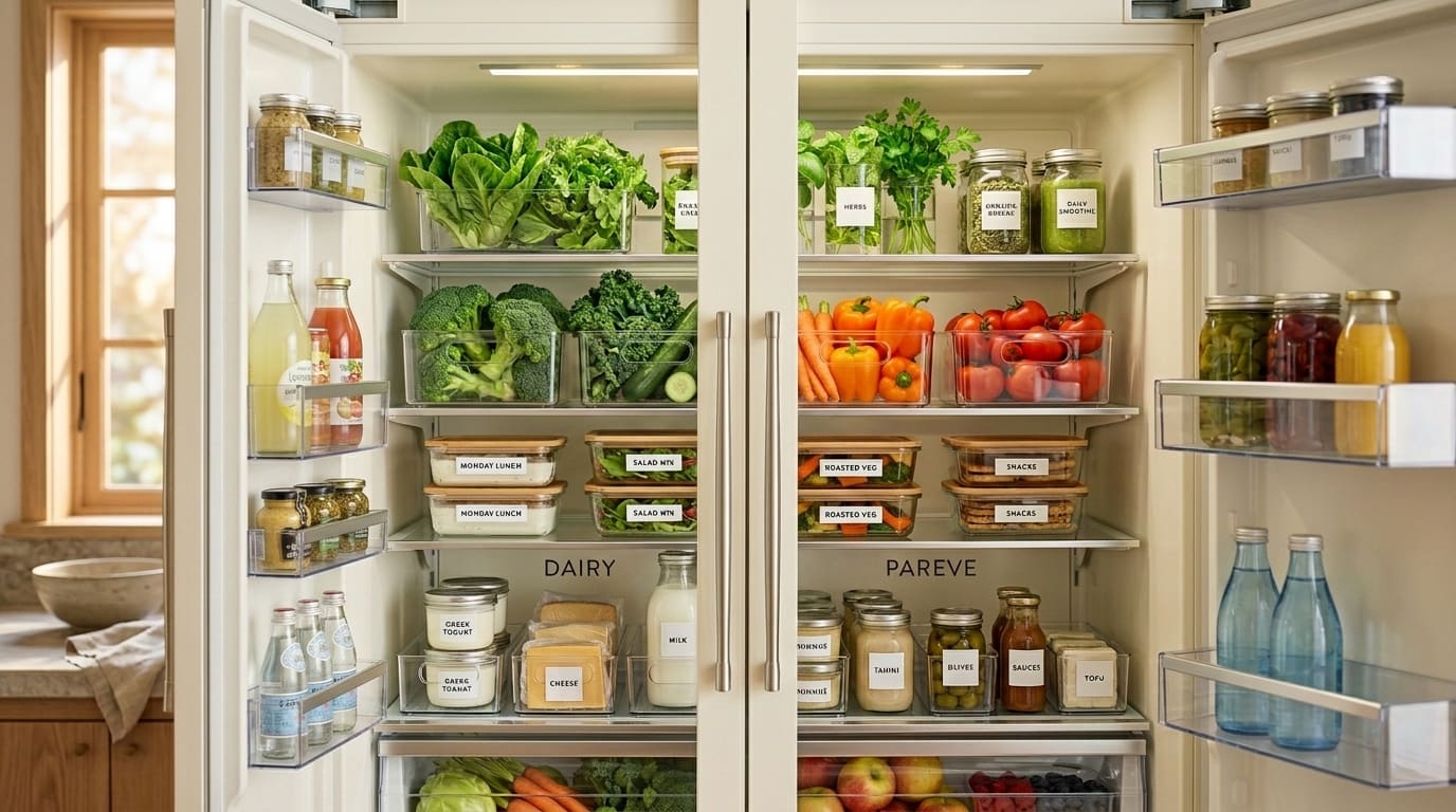 Open refrigerator with labeled bins of produce and dated meal containers, shelves marked dairy and pareve