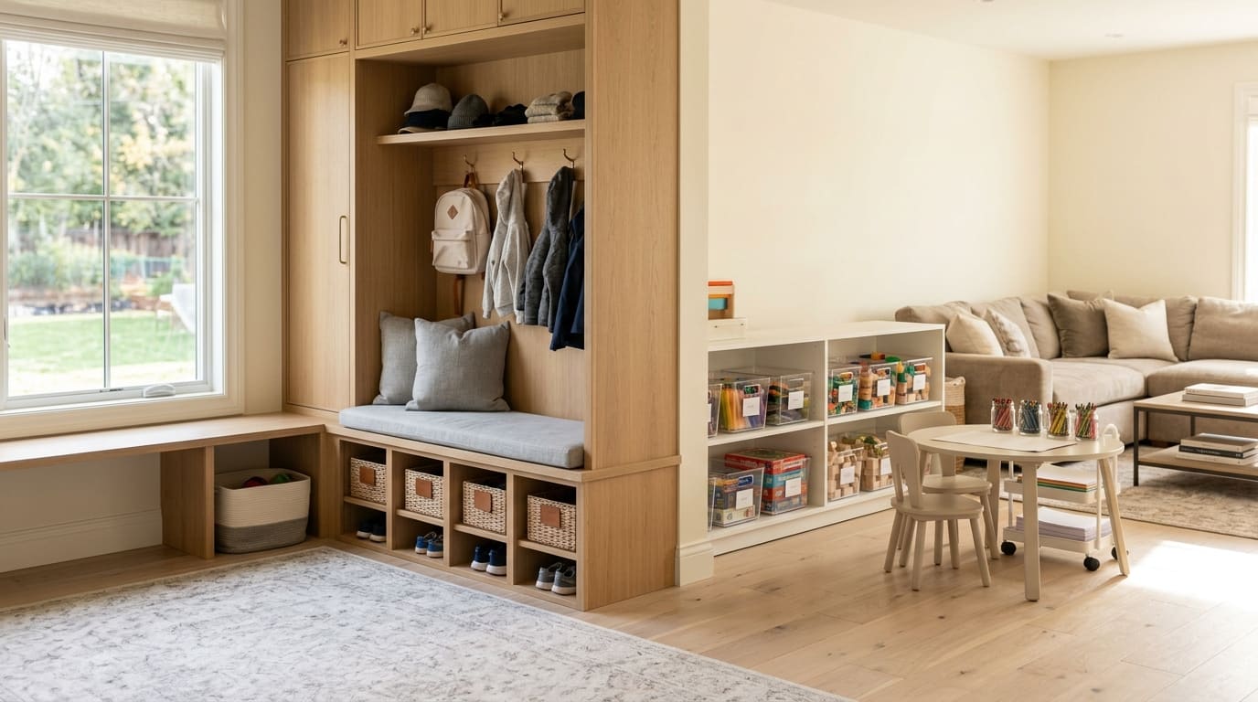 Mudroom bench with hooks and shoe cubbies next to a playroom with labeled toy bins