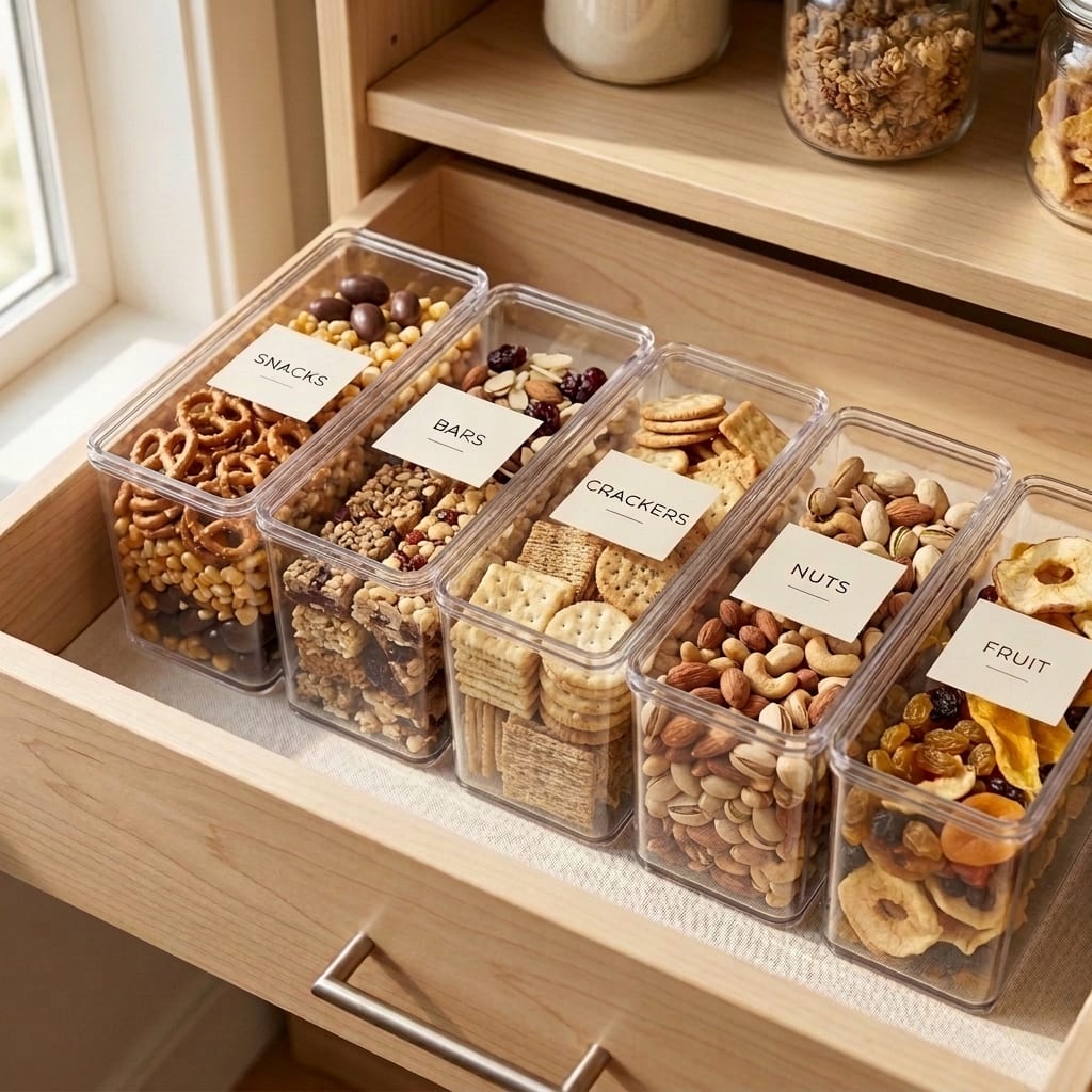 An open drawer with five labelled bins, snacks, bars, crackers, nuts and fruit, each holding loose food within reach