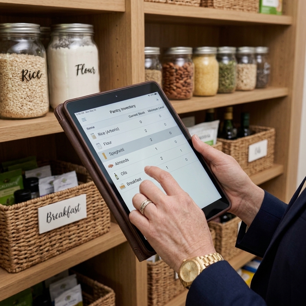 House manager reviewing pantry shelves against a stock list