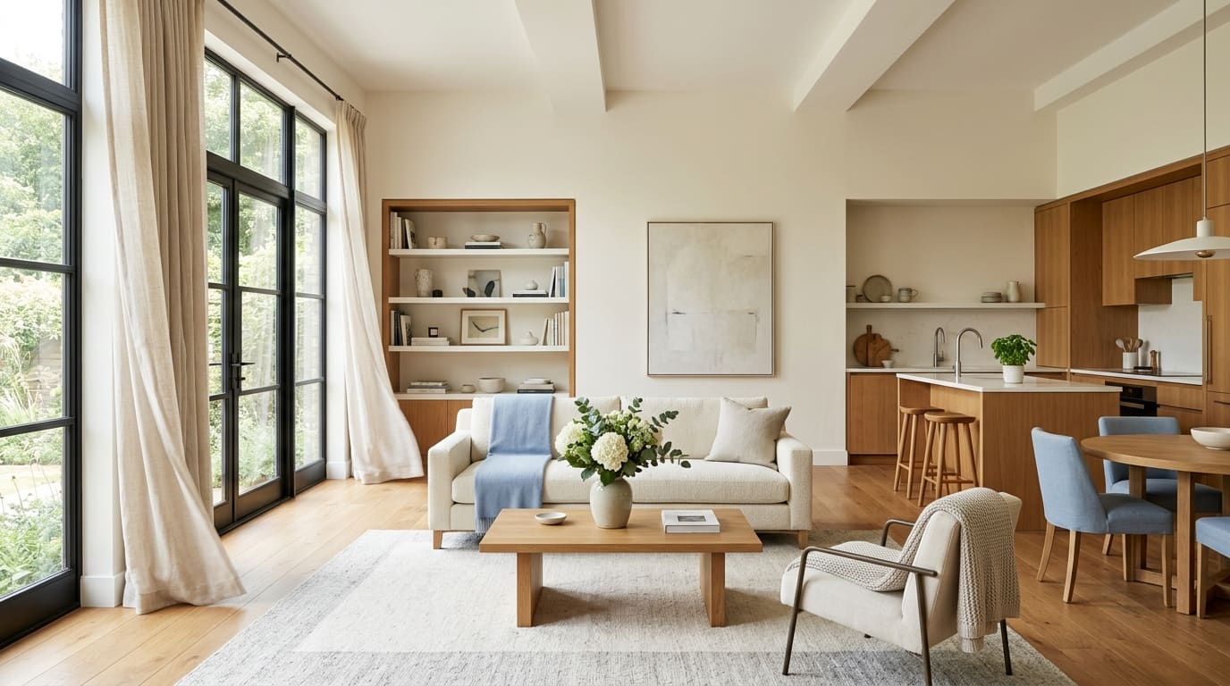 Open living room and kitchen in an organized home