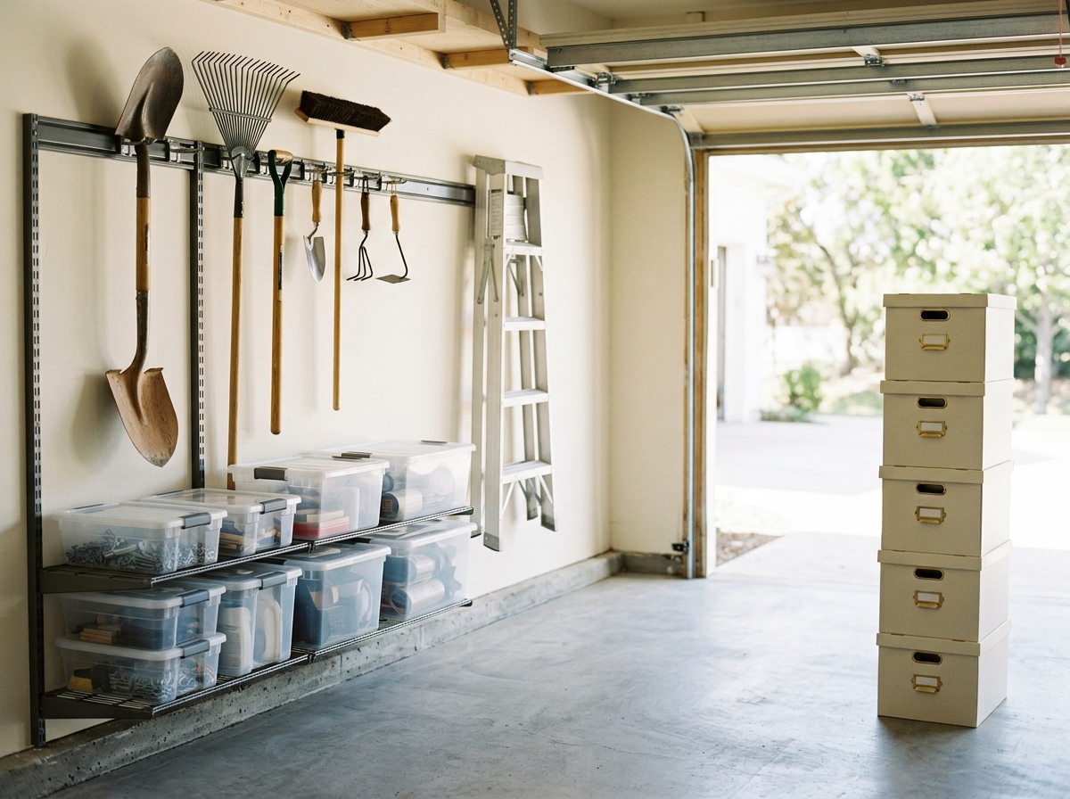 Organized residential garage with labelled shelving and clear floor space