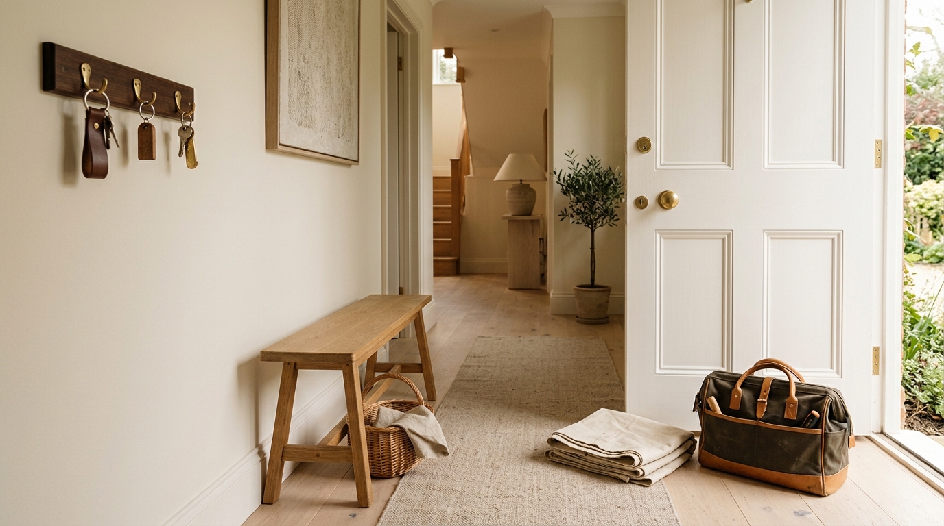 Residential entryway console with keys and household essentials